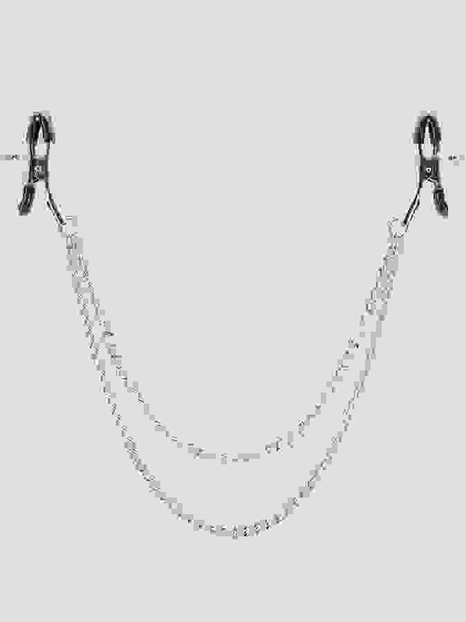 Bondage Boutique Adjustable Nipple Clamps with Double Chain, Silver, hi-res